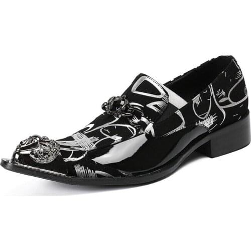 NEW Luxury Suit Mens Printed Business Office Shoes Black Formal Men Wedding Flats Metal Pointed Party Oxford British Shoes