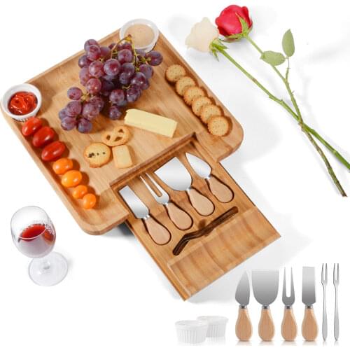 Cheese Board Set With Slide Out Drawer 4 Knives Sets Cooking Tools Cheese Knife Cheese Slicer Fork Scoop Cut Tool