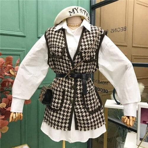 Spring and Autumn New Style Long-sleeved White Shirt + Houndstooth Small Fragrant Tweed Waistcoat Vest Jacket Two-piece Suit