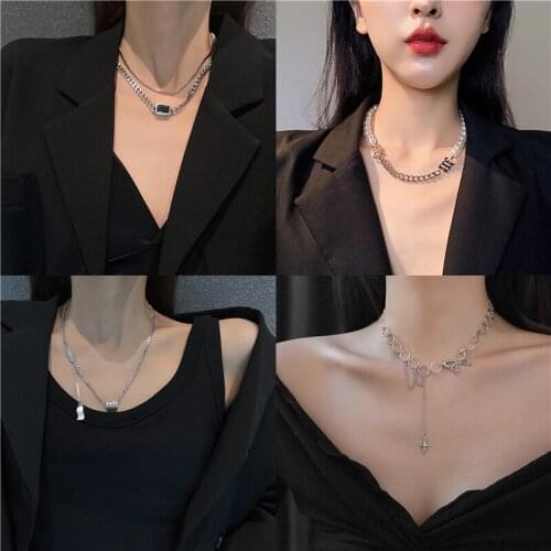 Luokey New Fashion Girls Women Butterfly Pearl Choker Necklace Korea Layered Chunky Chain Punk Necklace Collares Hip Hop Jewelry