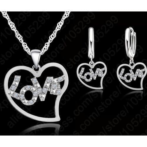 Lovely Women Jewelry Set 925 Sterling Silver Clear Cubic Zircon Heart Pendant Necklace&Earring Sweet Romantic Gift