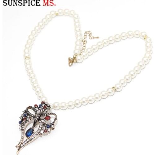 SUNSPICE-MS Retro Gold Color Bead Necklace Flower Pendant for Women Turkish Ethnic Banquet Imitation Pearl Jewelry Wedding Gift