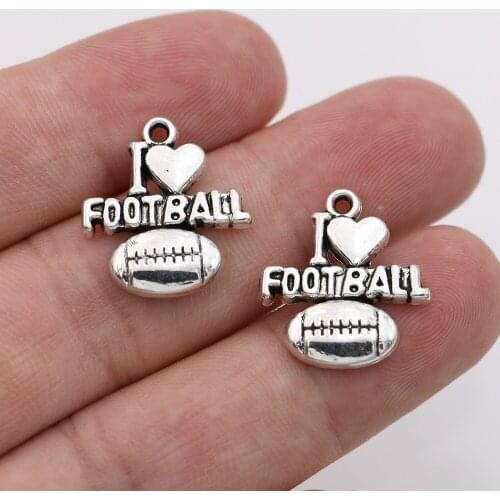 10Pcs Antique Silver Plated I Love Football Charms Pendants for Jewelry Making Necklace DIY Handmade 21x18mm