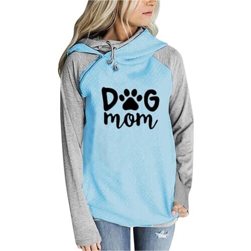 Casual Patchework Women Hoodies Cotton Dog Mom Print Zipper Color Block Hooded Sweatshirts Loose Fit Lady Outerwear Autumn Tops