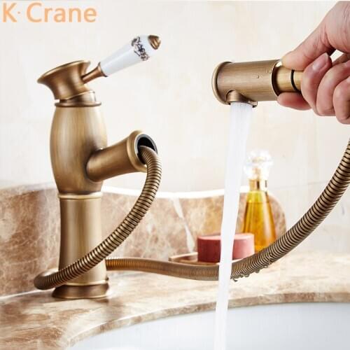 Mixer Faucet Bathroom Pull Out Tap Hot Cold Antique Gold Water Grifo Luxury Ceramic Cartridge Porcelain Torneira Para Banheiro