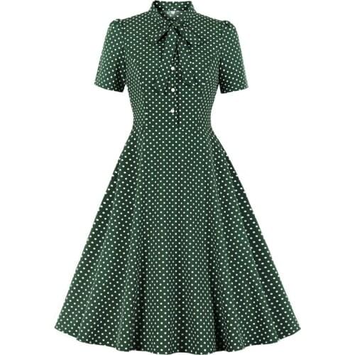 Tonval Bow Tie Neck Button Front Polka Dot Pinup 50s Vintage Shirt Dresses Women A-Line Summer Female Elegant Green Dress