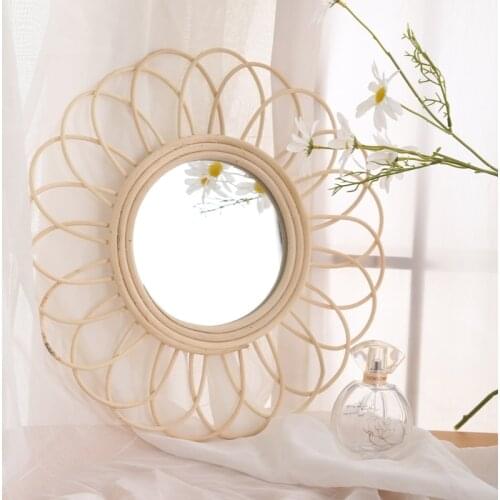 B0KB Rattan Dressing Mirror Innovative Art Decor Makeup Mirrors Bathroom Bedroom Wall Hanging Mirror