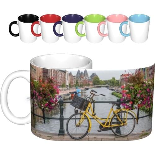 Yellow Bicycle And Flowers On A Bridge In Netherlands Ceramic Mugs Coffee Cups Milk Tea Mug Bicycle Flowers Bridge Canal
