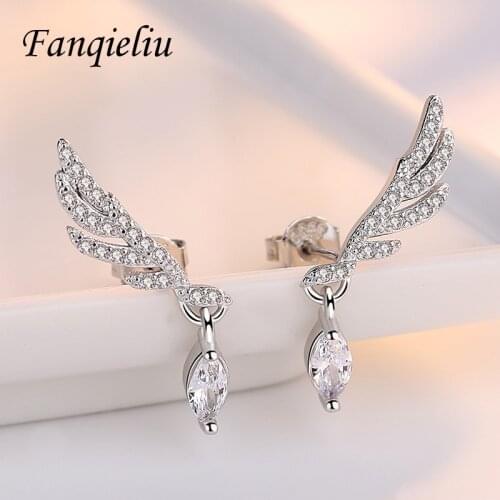 Fanqieliu Real Woman 925 Sterling Silver Stud Earrings Angle Wings Crystal Vintage Jewelry For Girls Birthday Gift FQL20F20SE3