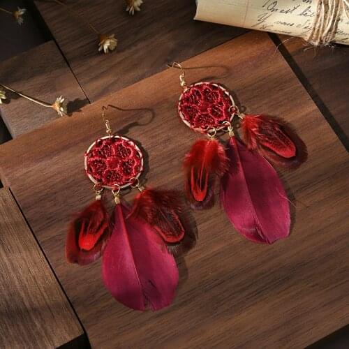 Ethnic Red Long Feather Earrings Womens Handmade Flower Dreamcatcher Earings Fashion Jewelry Oorbellen