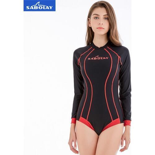 SABOLAY Women Long Sleeve Rash Guards Swimsuit Shirt Brief Swimwear Vintage Bathing Suit Summer Beach Swimming Elastic Swimsuit