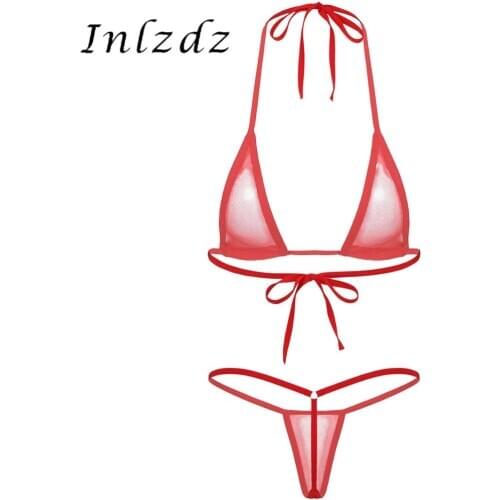 Womens Sexy Lingerie Set for Sex Halter Lace-up Bra with T-back Briefs Thong Bikini Bottoms See-through Triangle Bikini Swimwear