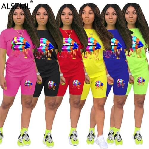 Colorful big mouth print women tracksuit casual streetwear female o neck pullover t-shirt and matched shorts outfit