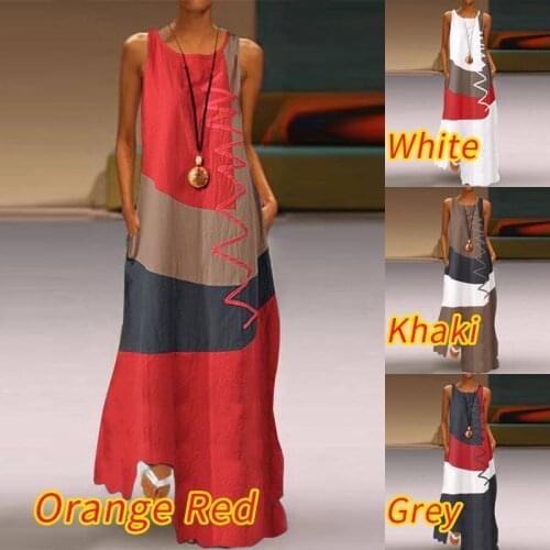 2021 Womens Summer Sundress Vintage Color Stitching Maxi Dress Casual Sleeveless Tank Vestidos Female O Neck Robe