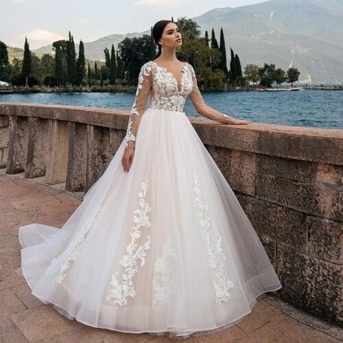 Arabic Long Sleeves Lace Applique Bridal Dress Sexy Deep V Neck Tassel Tulle Beach Wedding Party Gown Vestidos De Novia A-line