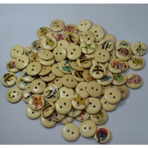 100PCS Round Random Mixed Lovely Sea Animals 2 Holes Wood Painting Sewing Buttons Scrapbooking 15MM Wood Buttons Scrapbooking