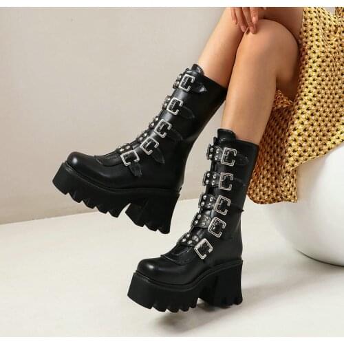 2021 Ladies Metal Belt Buckle Mid Calf Boots Fashion Rivet Platform Thick High Heel Womens Shoes Black Zipper Motorcycle Boots