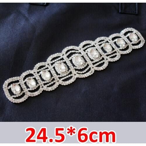 24.5*6cm Long glass crystal rhinestone applique Silver Base Used For wedding Dress Belt Applique Sew on Party Dress Decoration