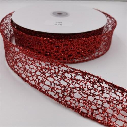 38MM X 25yards Grand Net Glitter Wired Edge Ribbon Red Color for Gift Box Wrapping Christmas Decoration N2264
