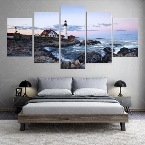 Portland Lighthouse 5 Piece Seascape Canvas Paintings Wall Art Extra Large Modern Ocean Sea Beach Canvas Prints Artwork Pictures