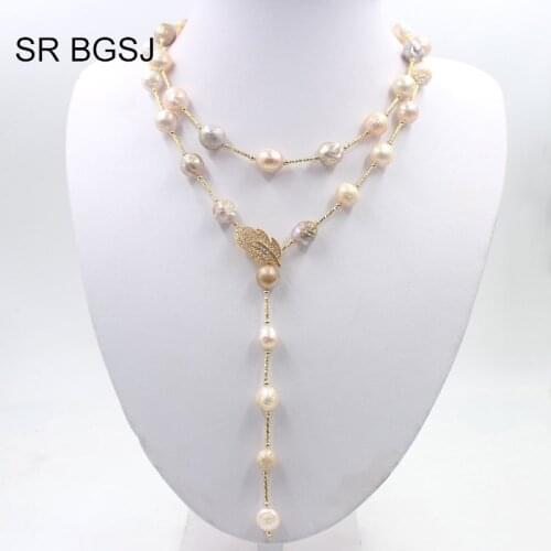 Free Shipping Lavender Edsion FW Pearl Beads Brass Drop Leaf Rope Pearl Beads Women Necklace 9-10mm 36"