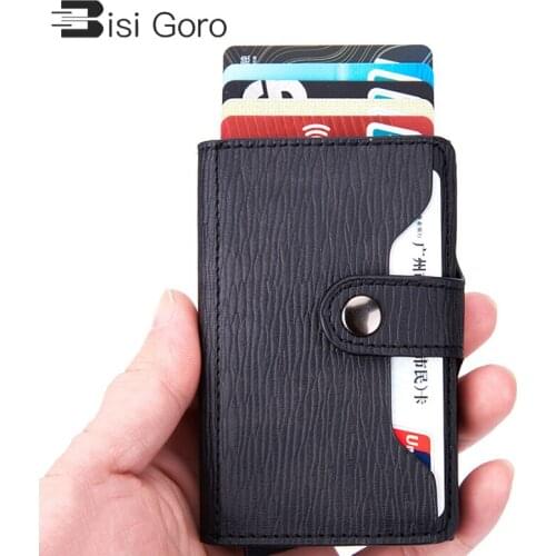 BISI GORO 2021 RFID Hasp Card Holder Waeve Pattern PU Leather Clutch Pop-up Wallet Aluminum Box Slim Thin Smart New Card Case