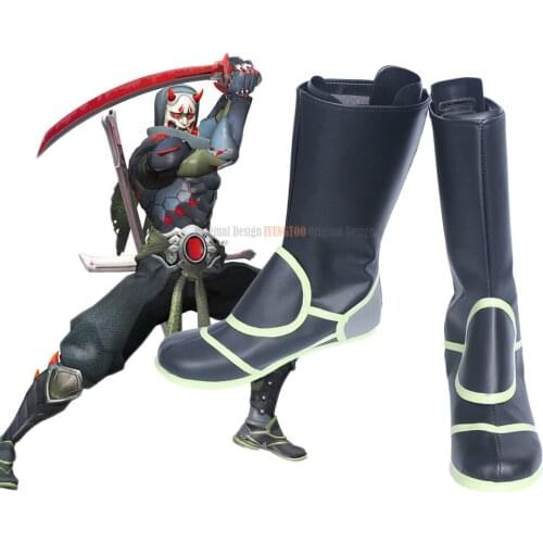 Game OW Oni Genji Skin Ninja Cosply Boots Black Shoes Custom Made Any Size Unisex