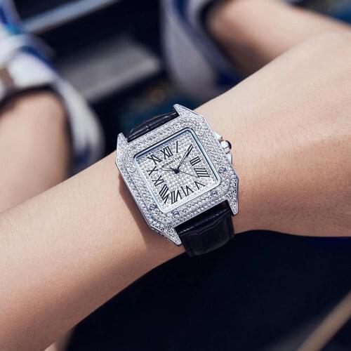 Silver Top Brand Luxury Watch Women Quartz Waterproof Fully Diamond Ladies Watch Square Couple Watches With Rhinestone