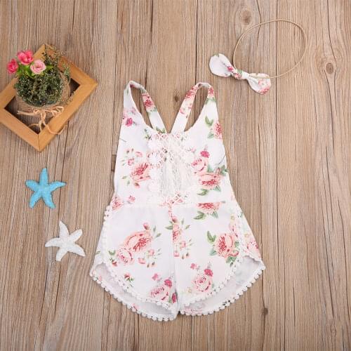 Baby Flower Print Jumpsuit Spaghetti Straps O-neck Short Pants Lace Romper +Headband Toddler Newborn Casual Summer Outfits