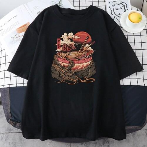 Ukiyoe Women T Shirts Japan Ramen Print Harajuku Crewneck Hip Hop Streetwear Tee Summer Oversized Loose Black Tshirts Female