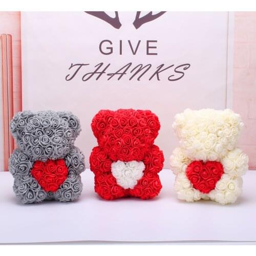 25CM Beautiful Rose Bear With White Heart Artificial Flowers for Home Wedding Festival DIY Valentine Gifts for Lover Decoration