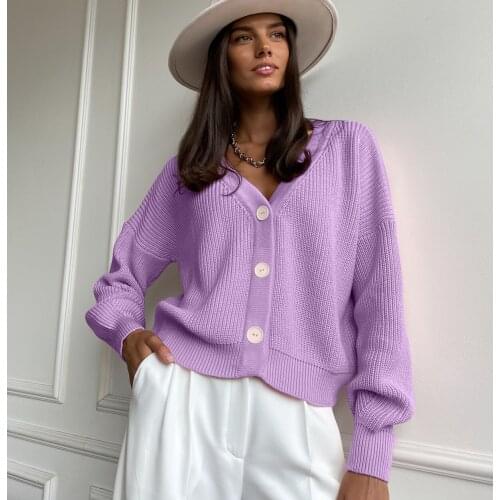 Casual V-neck Knitted Loose Cardigan Women Autumn Winter Solid Purple Buttons Lantern Sleeve Sweaters Basic Tops Pull Femme 2021