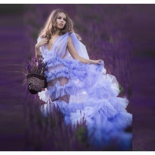 Lavander Tulle Robes For Birdal Maternity Photography Long Women Tulle Maternity Gown Deep V Neck See Through Sleeveless
