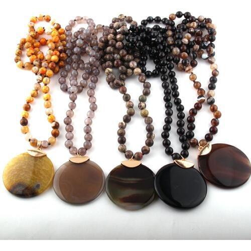 Fashion Bohemian Jewelry Natural Agat Stones Knotted Round Stone Pendant Necklaces For Ethnic Necklace