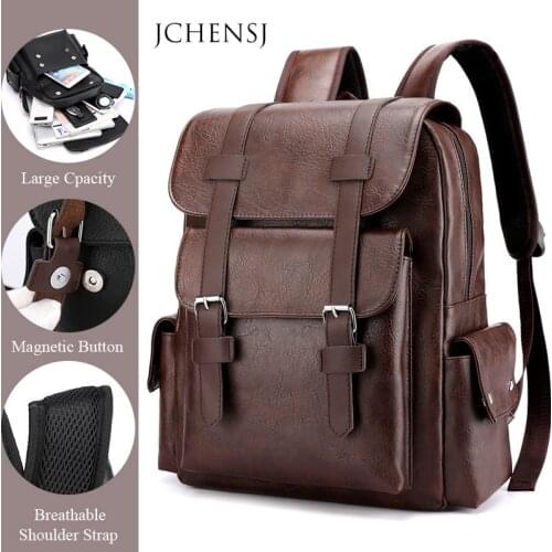 JCHENSJ Mens Backpack Large Capacity Commuting School Travel Male Backpack Waterproof PU Leather 15.6" Laptop Bag For Men