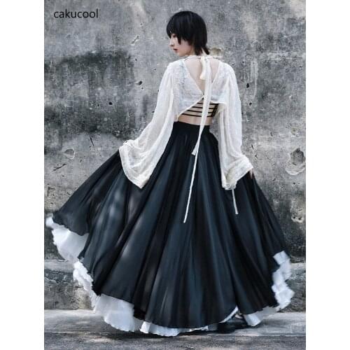 Cakucool new womens mid length skirt detachable black and white contrast double deck swing skirt chiffon skirt loose
