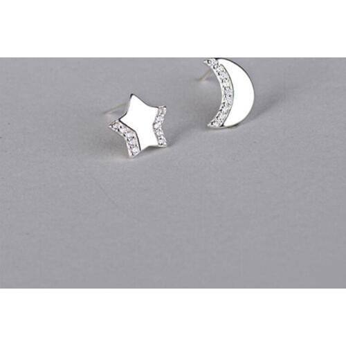 New Fashion Asymmetry Star And Moon 925 Sterling Silver Jewelry Temperament Crystal Exquisite Women Stud Earrings SE790