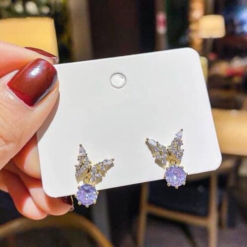 New Purple Butterfly Drop Earrings Women Girl Bling Exquisite Zircon Butterfly Piercing Earring Wedding Dancing Party Daily Gift