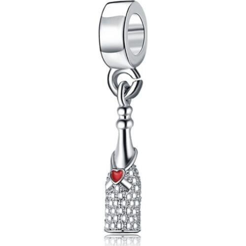 Plata de ley christmas gift pink red Champagne bottle hanging bead charms european style bracelet beads DGB463