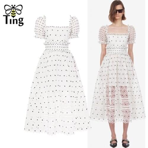 Tingfly New Season Summer SP Dress Vintage Square Neck Lace Embroidery Midi A Line Dress Lady Casual Dresses Streetwear Fashion