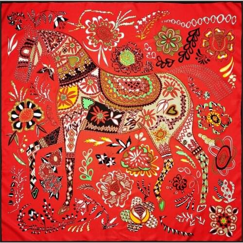 POBING Manual Hand Rolled Twill Silk Scarf Women Floral Horse Square Scarves Echarpes Foulards Femme Wrap Bandana Hijab 90CM