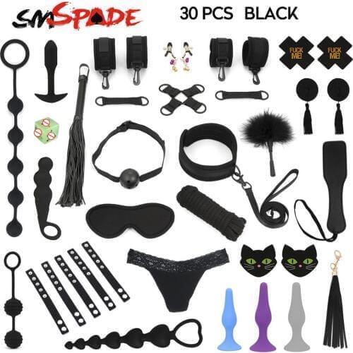 SMSPADE Black Bondage 30Set Gag,Collar,Handcuffs,AnkleCuffs,Whip,Paddle,Nipples,Rope,Silicone Anal Plug BDSM Game Adult Sex Toys