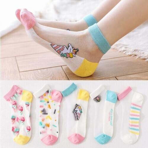Creative Women Kawaii Fruit Glass Silk Tide Sox Candy Color Strawberry Cat Lemon Prints Breathable Antiskid Socks 10 Pairs