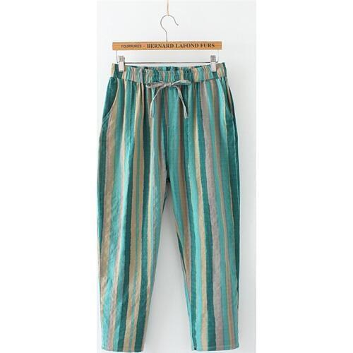 Spring Vintage Women Cotton Linen Striped Pant Legging Casual Ankle-Length Harem Pant Summer Female Thin Pants Trousers Hot W511