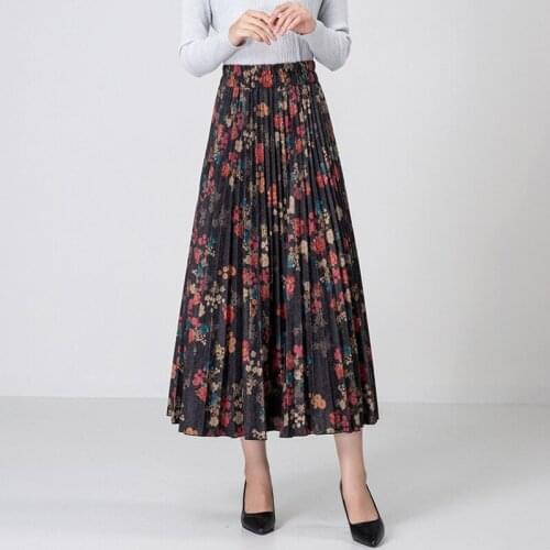 Skirt Autumn Winter 2020 New Vintage Print A-Line Skirt Slimming Pleated Skirt Large Elastic Waist Skirt