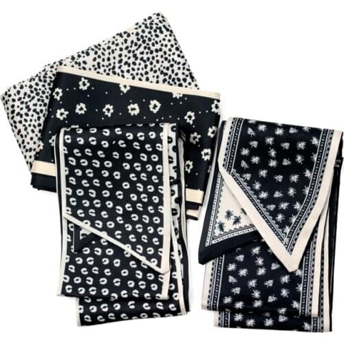 2021 New Fashion Women Black And White Retro Print Narrow Silk Scarf Long Wrist Small Headband Ribbon Handle Bag Accessories