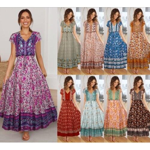 Summer Dress Women Boho Short-Sleeved Lace-Up Positioning Flower Print Stitching Dresses For Woman Long Dress Vestdio Femme Robe