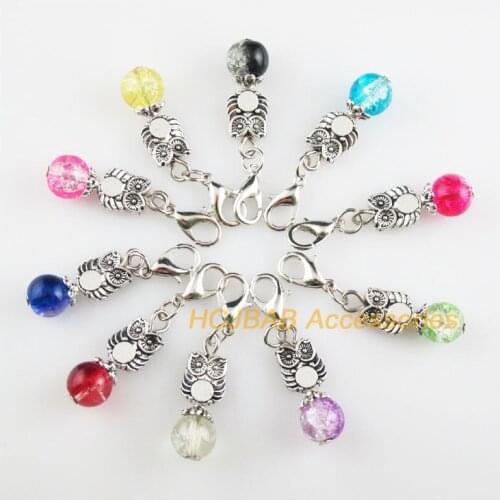10Pcs Tibetan Silver Tone Owl Retro Mixed Shivering Glass 8x19mm With Lobster Claw Clasps Charms