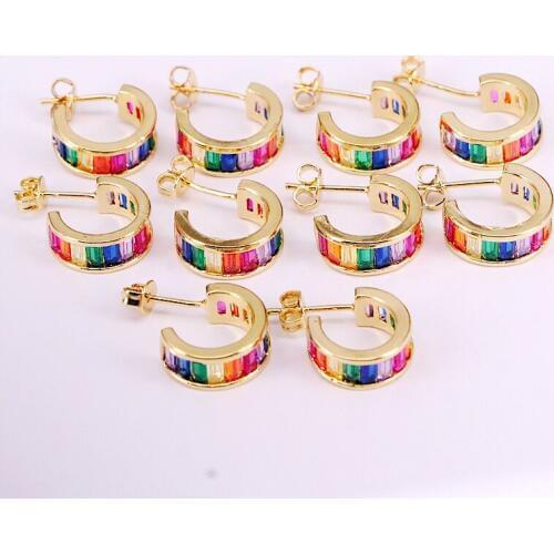 6Pairs, Sweet Rainbow Zircona Circle Earrings Gold Filled Fashion Tiny CZ Party Earrings