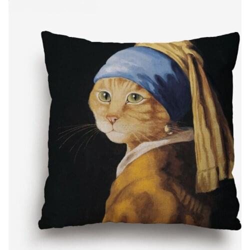 Animal Painting Throw Pillow Covers Famous Oil Painting Beige Linen Cushion Case For Home Sofa Decoration 45X45cm